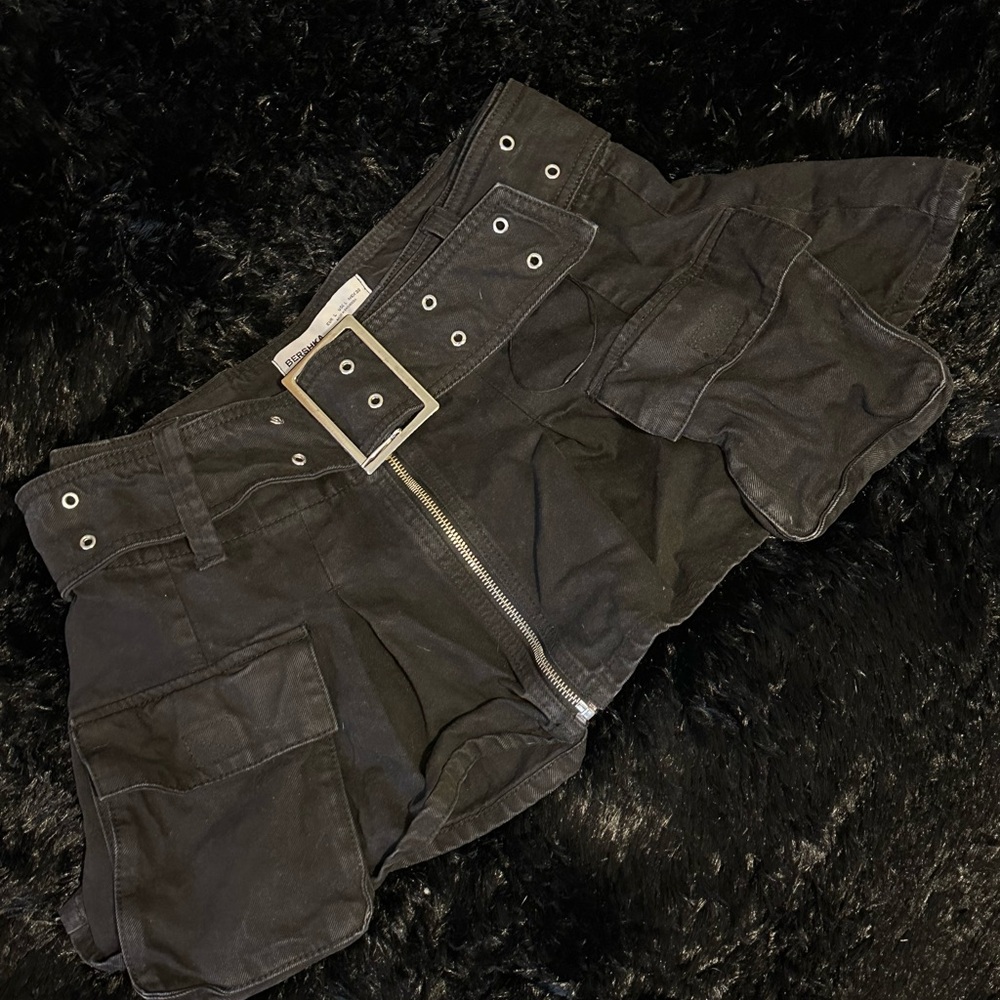 Bershka Black Belted Skirt with Silver Buckle